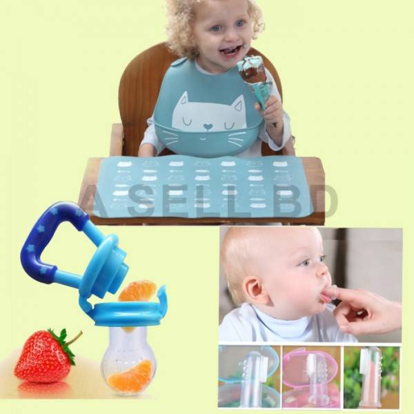 3 Pcs Baby Combo Set | Baby Bibs | Silicon Finger Brush | Baby Fruit Feeder