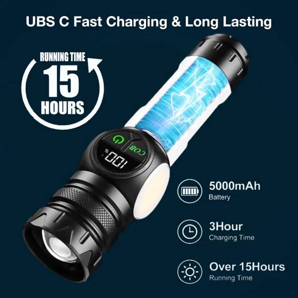 12000 Lumen Battery Indicator 30w LED 1200m Long Range Strong Light LED Rechargeable Magnetic Torch Zoomable Flashlight